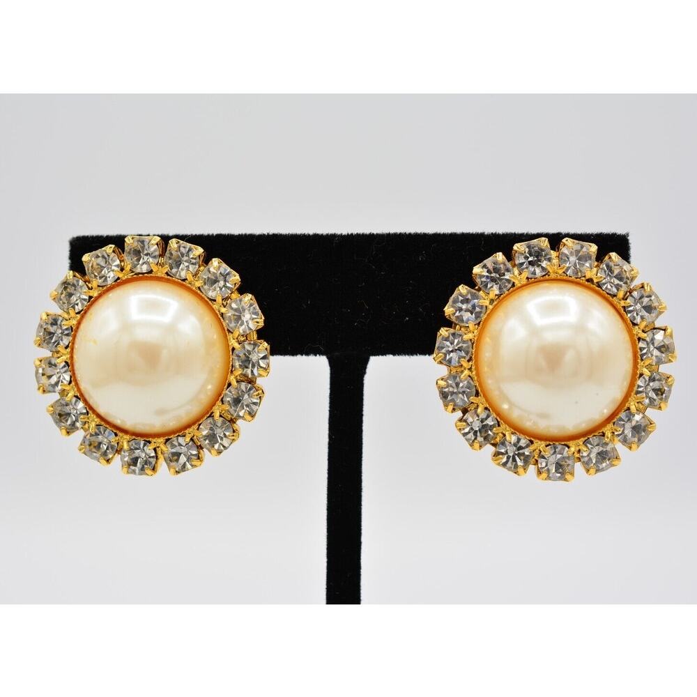Vintage Clip On Earrings Rhinestone Crystal Pearl Gold Chunky Shiny 1980s BinAA